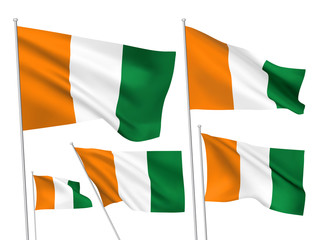 Cote d'Ivoire vector flags. A set of 5 wavy 3D flags created using gradient meshes