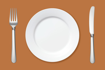 Empty vector plate with fork and knife on the table