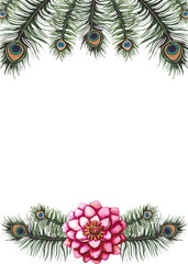 Frame with Watercolor Pink Water Lily and Peacock Feathers