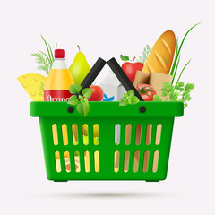 Vector shopping cart. A set of food products inside of green shopping cart