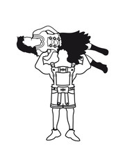 Woman pretty dirndl carry big strong muscles bodybuilder training train man leather trousers bavarian oktoberfest party suit beer drink celebrate