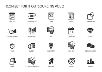 Various IT Outsourcing and offshore model vector icons for a global operating model 