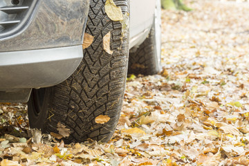 Fototapeta na wymiar The car in the nature. Wheels and tyres in autumn, close up. Car tire over a bed of wet leaves.