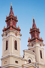 Fototapeta na wymiar Towers of one orthodox church in Arad, Romania