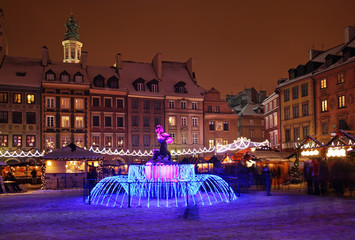Holiday decorations of Warsaw. Old market square. Poland