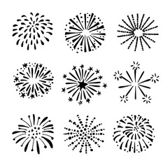 Obraz premium Set of hand drawn fireworks, sunbursts. Isolated black white vector objects, icons.