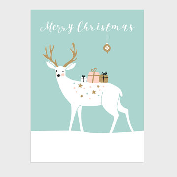Cute Christmas greeting card, invitation. Reindeer and gift boxes. Hand drawn design. Vector illustration background.