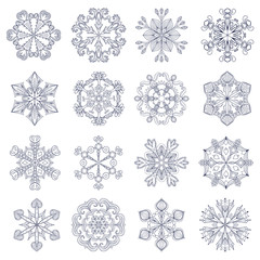 Vector vintage snowflake set in zentangle style. 16 original sno