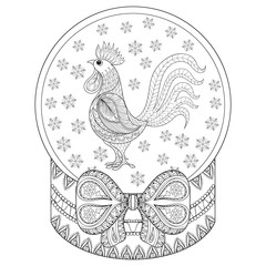 Vector zentangle Christmas snow globe with rooster, snowflakes.