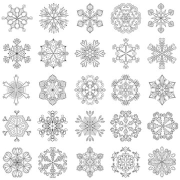 Vector snowflake set in zentangle style. 25 original snow flakes