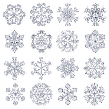 Vector vintage snowflake set in zentangle style. 16 original sno
