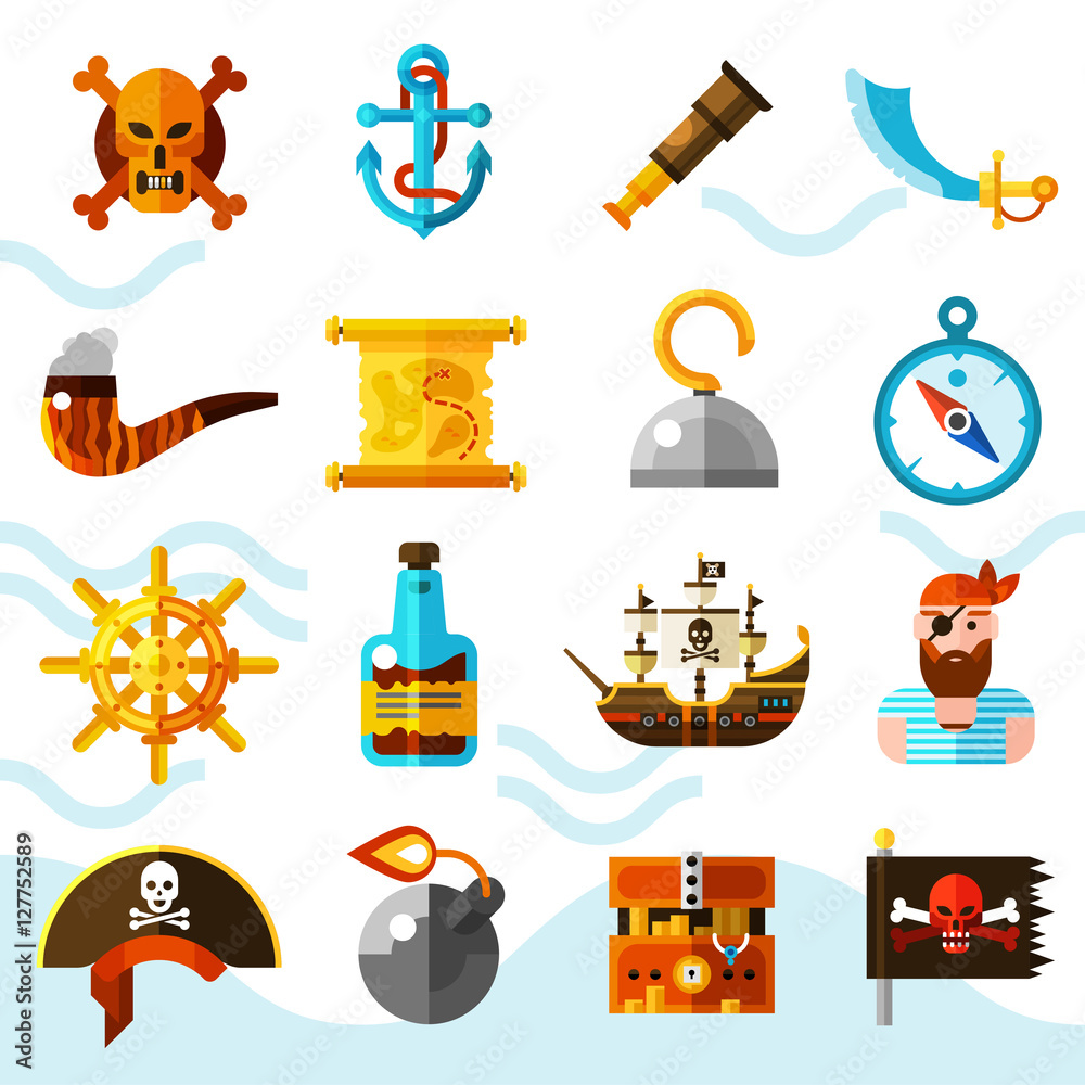 Poster pirates color icons set