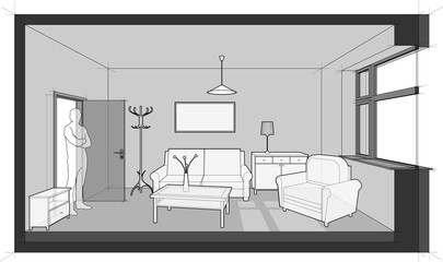 diagram of a single room furnished with sofa, chair, table, cabinets, ceiling lamp, cloths hanger and painting on the wall