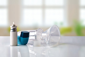 Cartridge inhaler and chamber and mask in room front view - obrazy, fototapety, plakaty