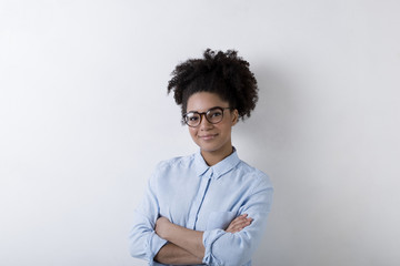 Confident freelance woman, copy space