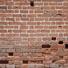 Distressed Old Red Brick Wall With Hole. Square Texture Backgrou