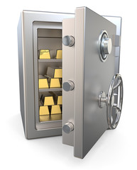 Steel Security Safe with Gold Bars. 3D render of a open Steel Security Safe with Gold Bars. 