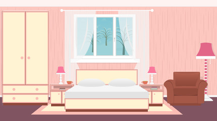 Interior bedroom with furniture, carpet, lamps and winter landscape.