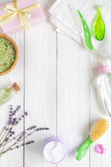 baby bath salt with lavender on wooden background