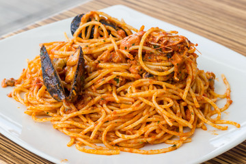 Plate of spaghetti with seafood