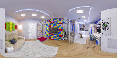 3d illustration spherical 360 degrees, seamless panorama of children's room interior design. Design a child's room for a boy in bright color tones