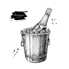 Champagne bottle in ice bucket. Hand drawn isolated vector illus