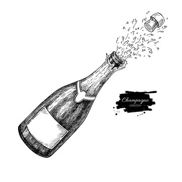 Champagne bottle explosion. Hand drawn isolated vector illustrat