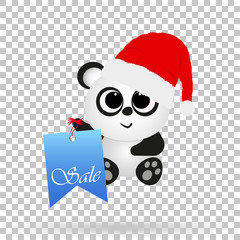 Fototapeta premium Christmas panda bear in a red cap and stickers for sale and the mood of the New Year on the background isolate