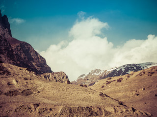 Annapurna circuit trek scenic mountain and desert landscape, Nepal, Vintage Style