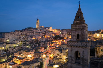 Fototapeta na wymiar Matera, high definition view of Sasso Barisano at twilight