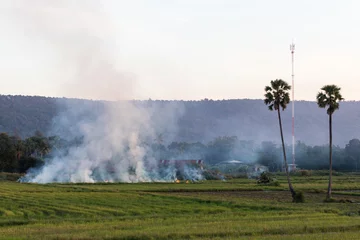 Fotobehang Smoke stubble burning mountain. © kaentian