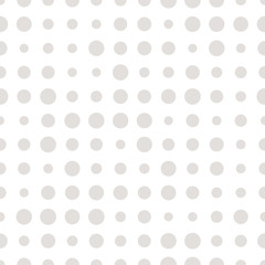 Fototapeta na wymiar Gray and white seamless pattern with grunge halftone dots. Dotted texture. Halftone dots background. Polka dot infinity. Abstract geometrical pattern of round shape. Screen print. Vector illustration.