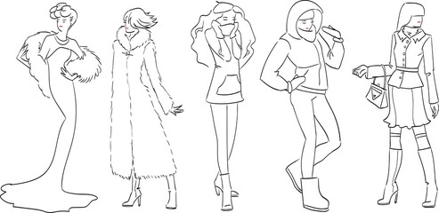 Vector, fashion models, sketch hand drawn, winter set, Line