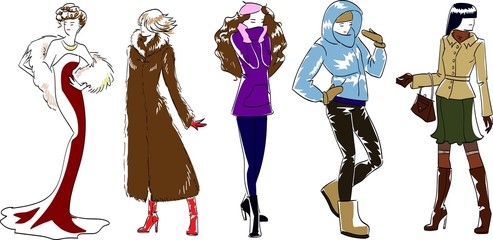 Vector, fashion models, sketch hand drawn, winter set