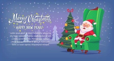 Cute cartoon Santa Claus sitting in chair drinking tea Merry Christmas vector illustration horizontal banner