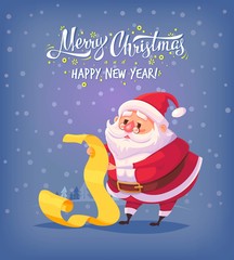 Cute cartoon Santa Claus reading gift list Merry Christmas vector illustration Greeting card poster