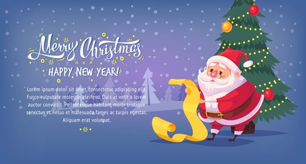 Cute cartoon Santa Claus reading gift list Merry Christmas vector illustration Greeting card poster horizontal banner
