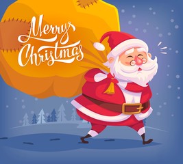 Cute cartoon Santa Claus delivering gifts in big bag Merry Christmas vector illustration Greeting card poster