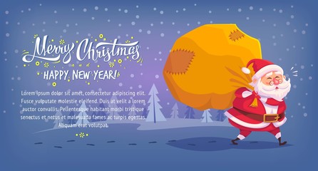 Fototapeta na wymiar Cute cartoon Santa Claus delivering gifts in big bag Merry Christmas vector illustration Greeting card poster horizontal banner