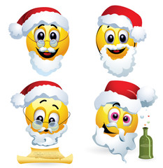 Smileys dressed as Santa Claus. Smiley celebrating. Smiley being cheerful and having fun at the party. High quality vector illustration.