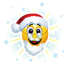 Happy New Year greeting card. Smileys dressed as Santa Claus. Smiley celebrating. Smiley being cheerful and having fun at the party. 