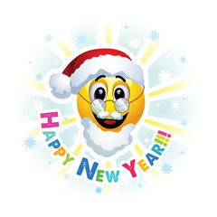 Happy New Year greeting card. Smileys dressed as Santa Claus. Smiley celebrating. Smiley being cheerful and having fun at the party. 