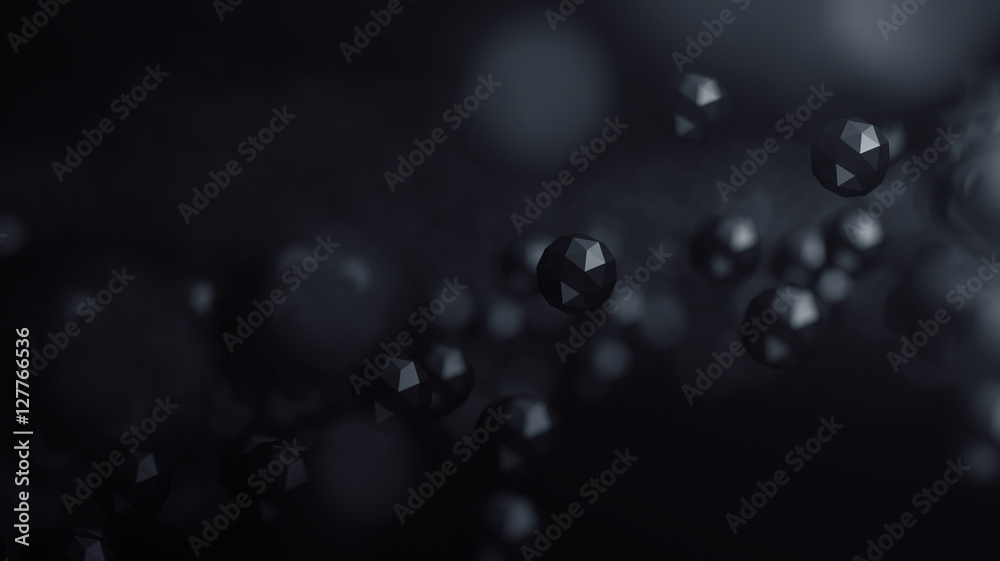 Poster abstract 3d rendering of chaotic low poly particles. flying polygonal spheres in empty space. futuri
