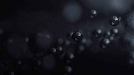 Abstract 3d rendering of chaotic low poly particles. Flying polygonal spheres in empty space. Futuristic background with bokeh effect. Poster design.