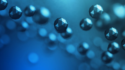 Abstract 3d rendering of chaotic low poly particles. Flying polygonal spheres in empty space. Futuristic background with bokeh effect. Poster design.