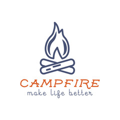 Camping logo design with typography and travel elements - campfire. Vector text - make life better. Hiking trail, backpacking symbols in retro flat colors. Good for prints, tee design, t shirt