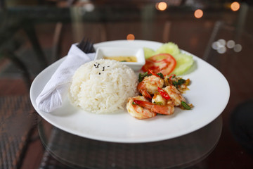 Shrimp and crab stir fried with basil.Thai local food.