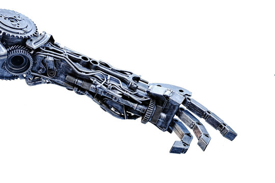 Left arm of a robot made from car parts and spares. Isolated background