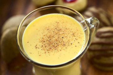 Eggnog oder Eierpunsch, ein amerikanisches Weihnachtsgetränk aus Milch, Sahne, Ei, Zimt, Muskatnuss und Alkohol, fotografiert mit natürlichem Licht (Selektiver Fokus, Fokus ein Drittel in das Getränk)