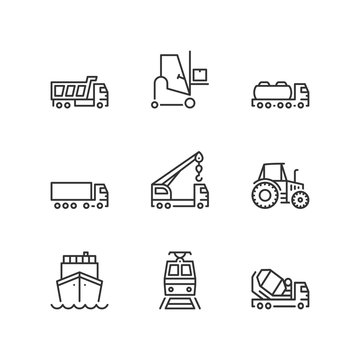 Line icons. Industrial vehicles. Flat symbols